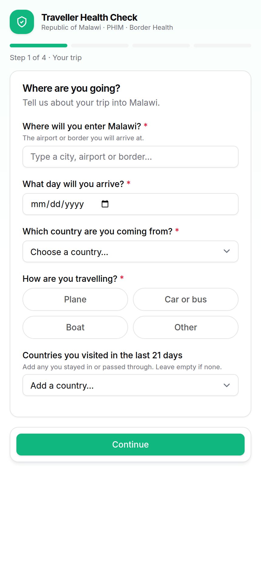 Traveller self-screening health questions